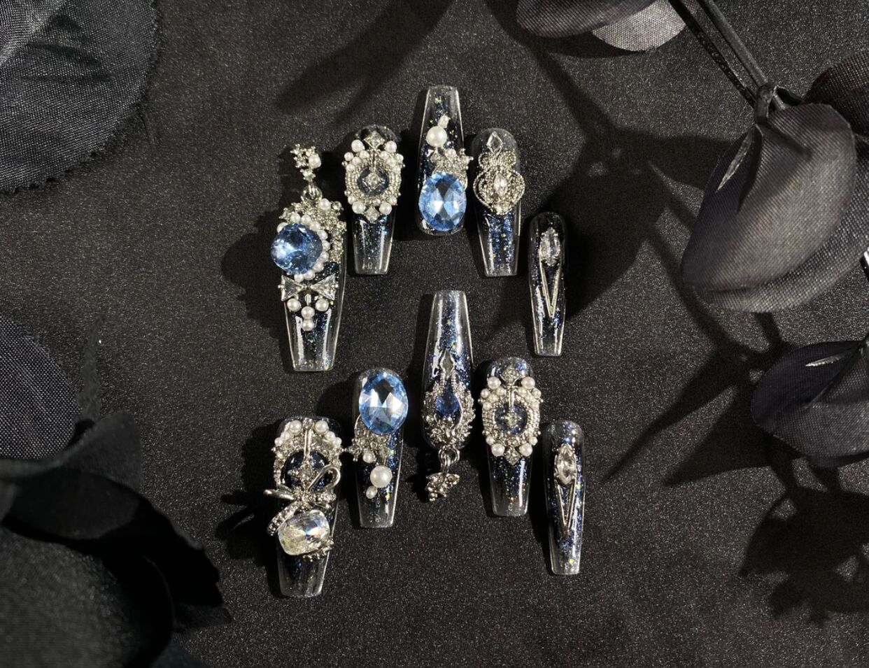 HD10 Black Blue Ocean Sapphire HANDMADE NAIL