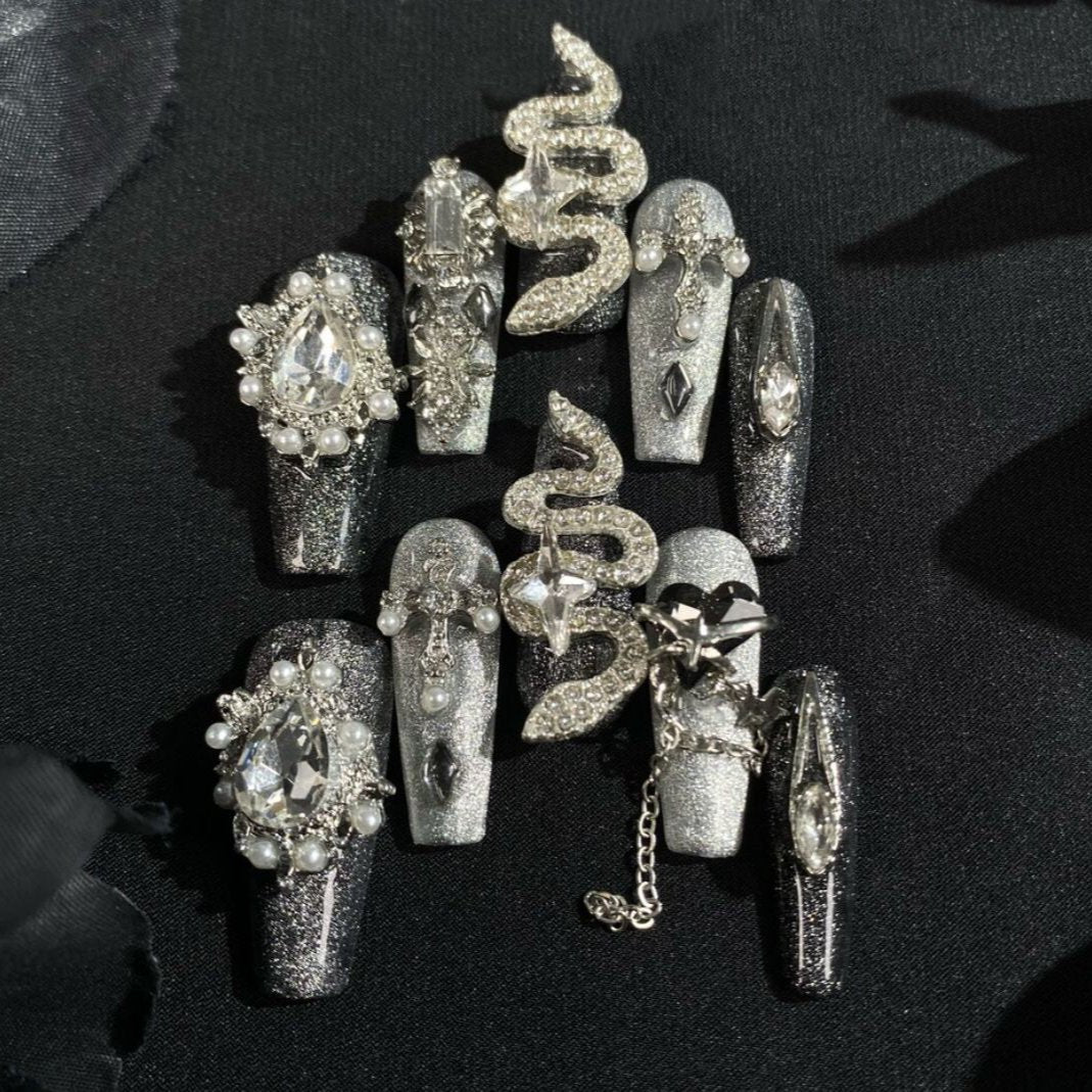 HD4 Scorpio Black Silver Snake Cat Eye HANDMADE NAIL