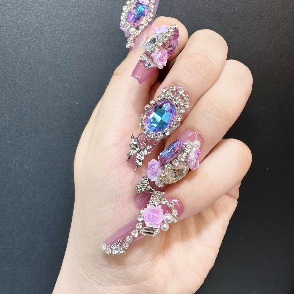 P2 Full Diamond Pigeon Egg Purple Crystal HANDMADE NAIL