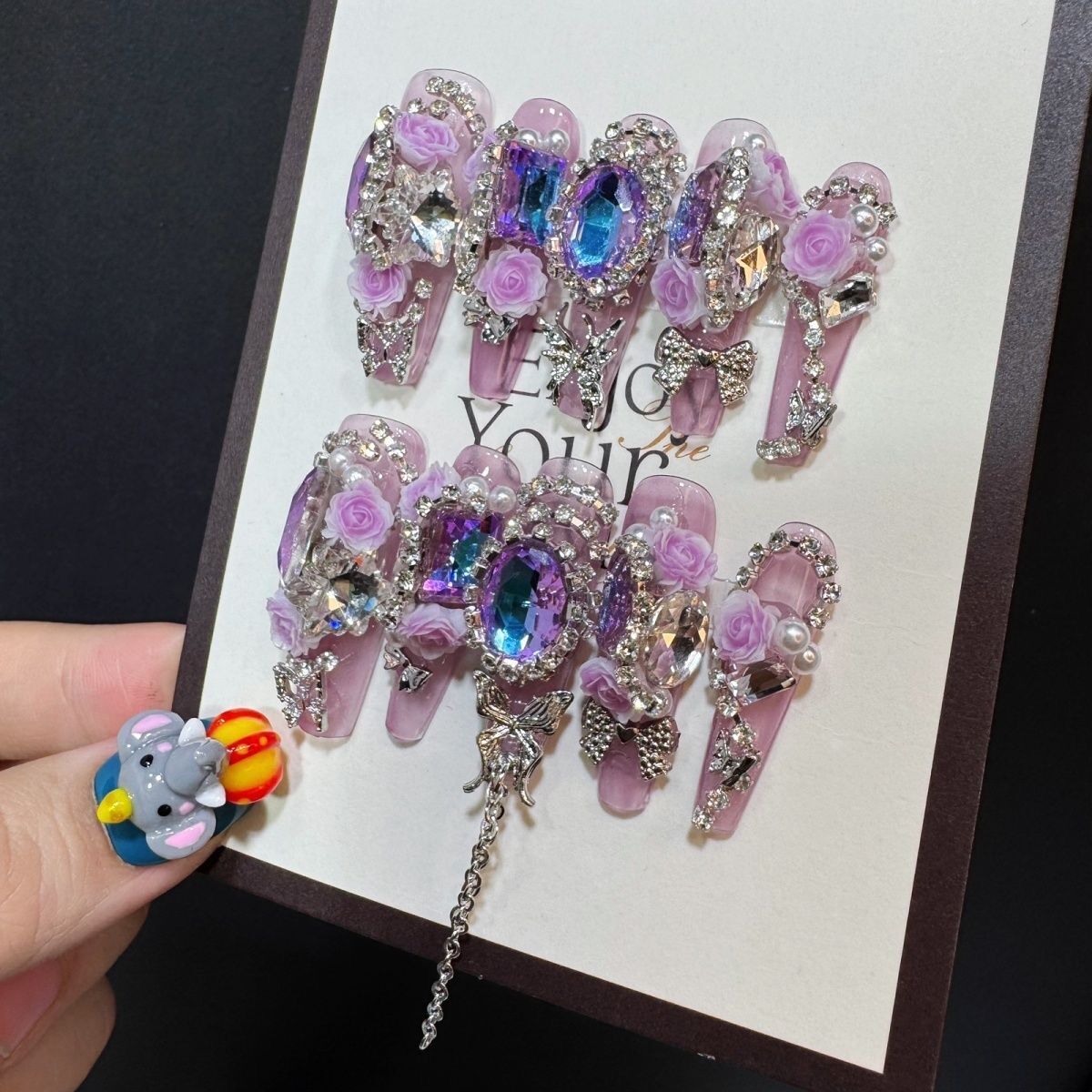 P2 Full Diamond Pigeon Egg Purple Crystal HANDMADE NAIL