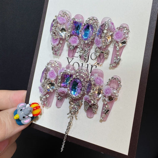 P2 Full Diamond Pigeon Egg Purple Crystal HANDMADE NAIL