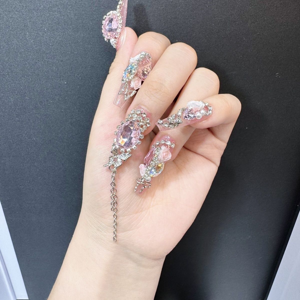 P4 Full Diamond Pigeon Egg Rose Pink Crystal HANDMADE NAIL