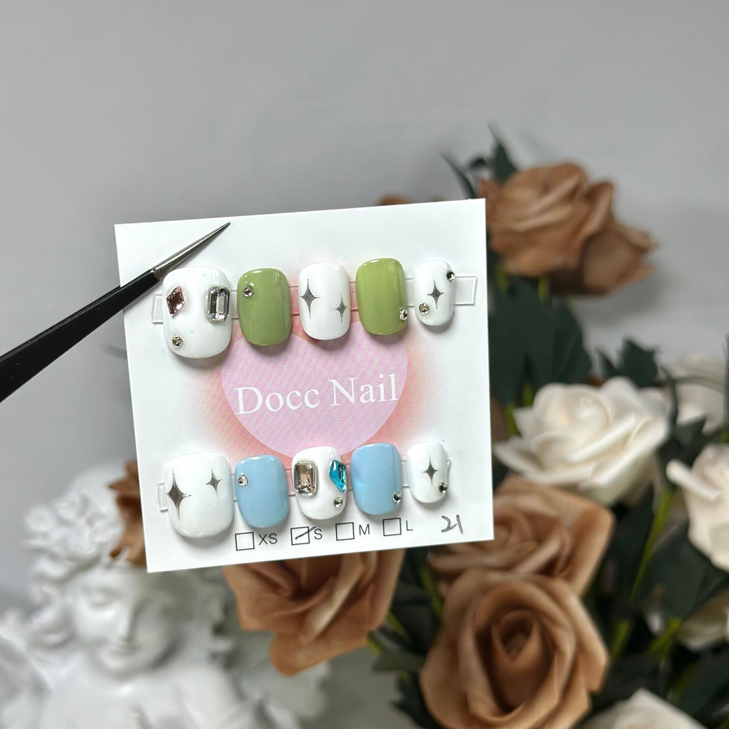 H49 SOLID BLUE WHITE STAR  HANDMADE NAIL