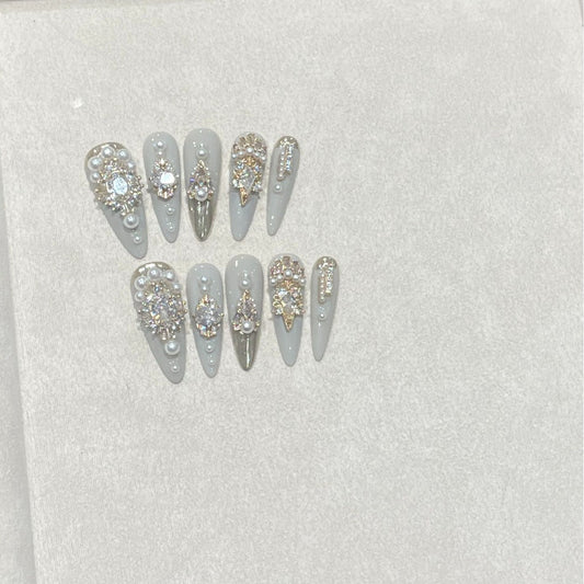 H287 White Jade Ice Pure Desire Wind Zircon Stone HANDMADE NAIL