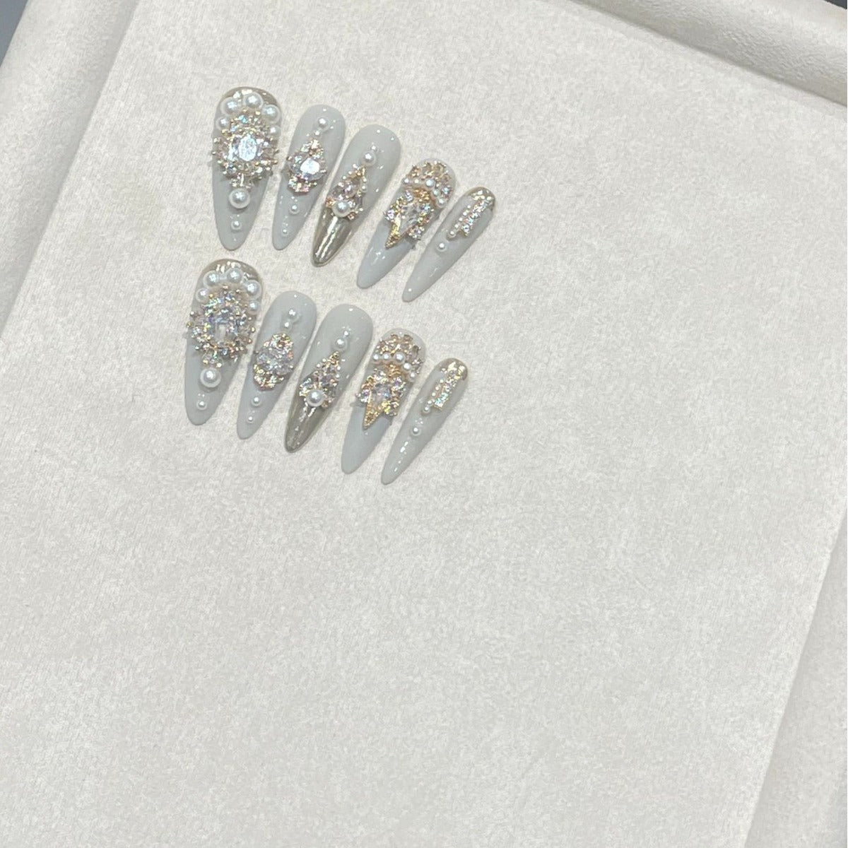 H287 White Jade Ice Pure Desire Wind Zircon Stone HANDMADE NAIL