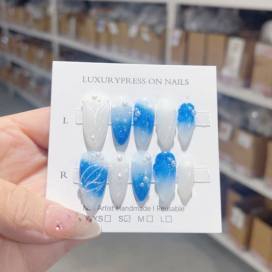 D293  Ice Blue Carving HANDMADE NAIL