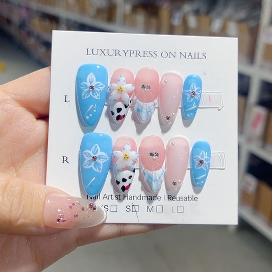 D297 Blue Water Ripples Carving HANDMADE NAIL