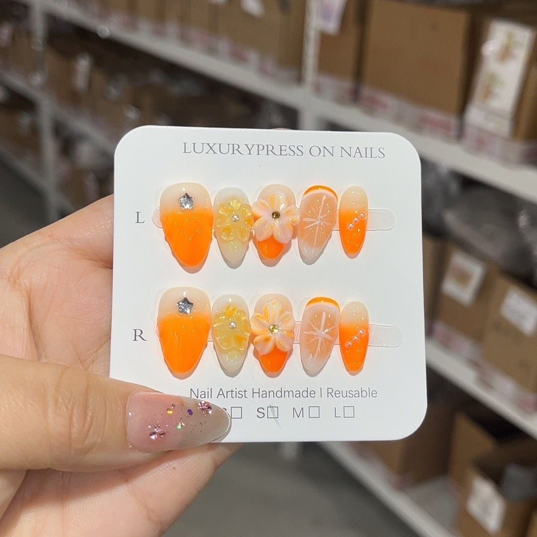 D299 Summer Lime Orange Carving HANDMADE NAIL