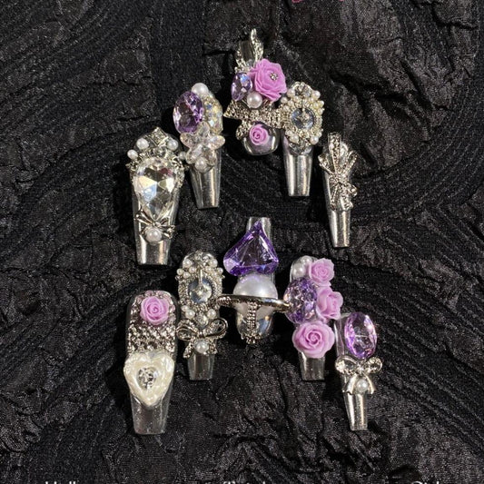 H344 Heavy Industry Silver Purple Carving HANDMADE NAIL