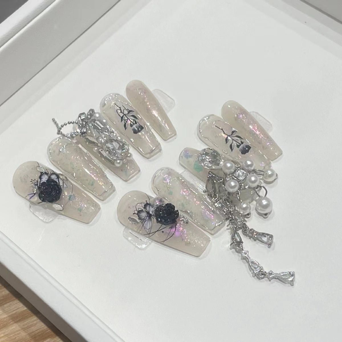 H291 Black Shadow Butterfly Tassel HANDMADE NAIL