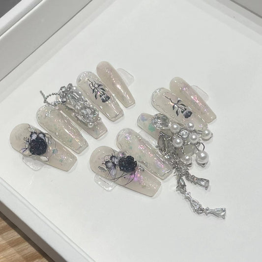 H291 Black Shadow Butterfly Tassel HANDMADE NAIL