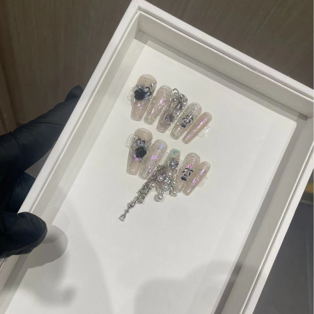 H291 Black Shadow Butterfly Tassel HANDMADE NAIL