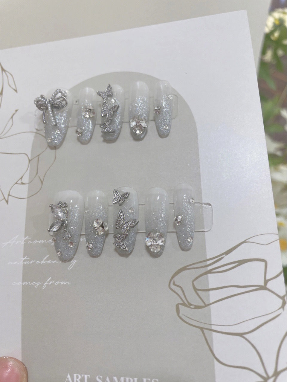 H292 White crystal three-dimensional bow diamond HANDMADE NAIL