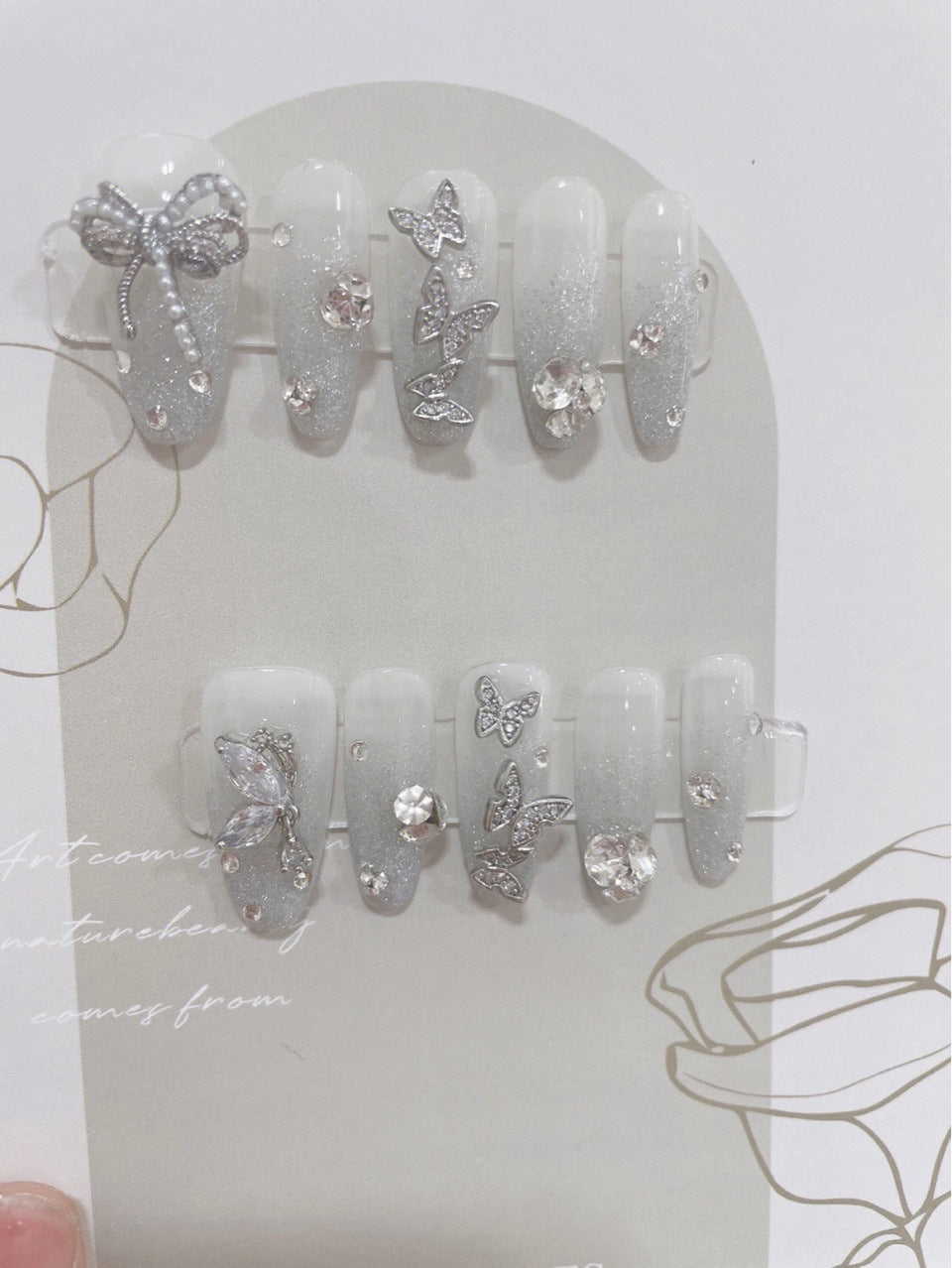 H292 White crystal three-dimensional bow diamond HANDMADE NAIL