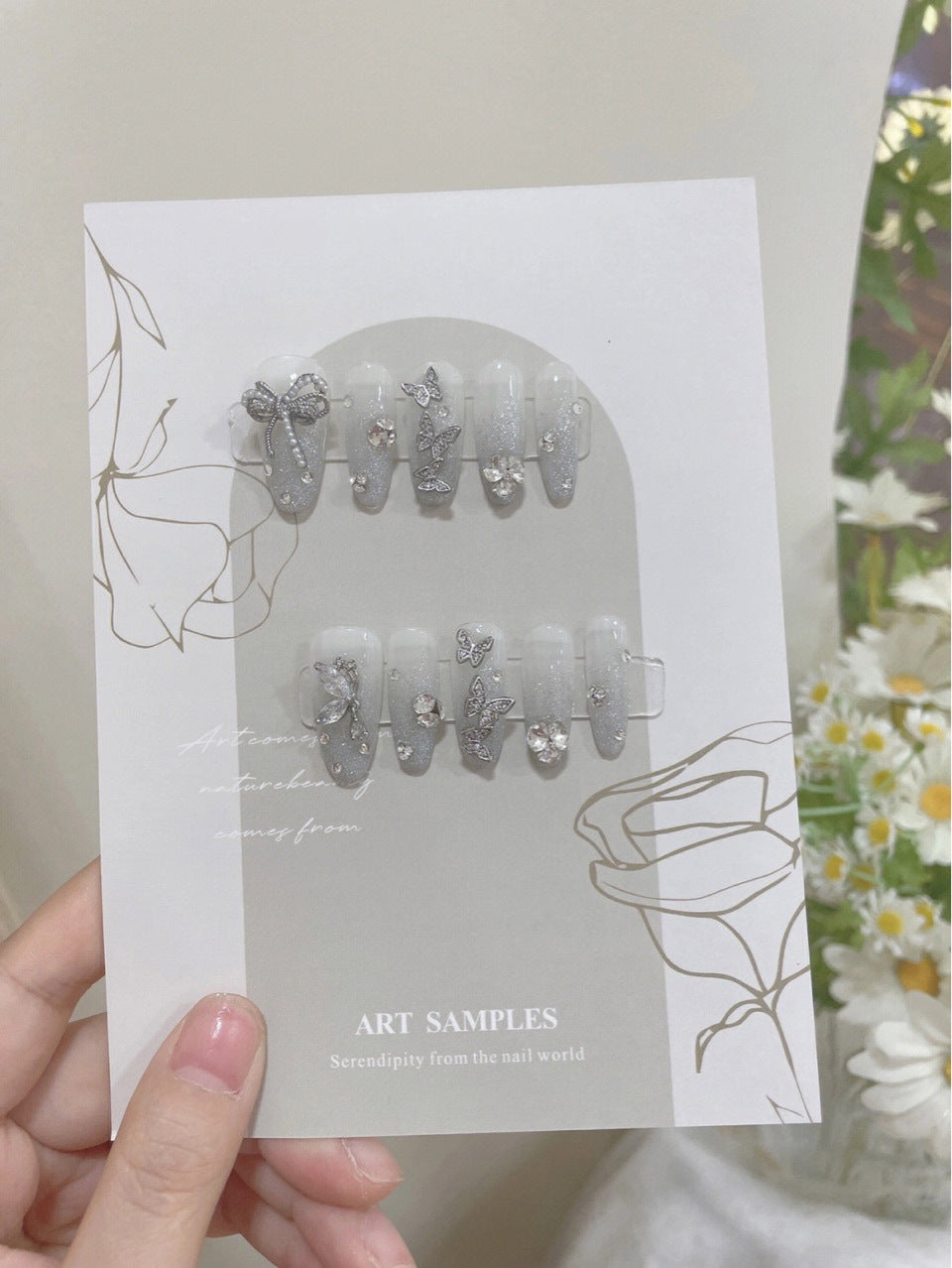 H292 White crystal three-dimensional bow diamond HANDMADE NAIL