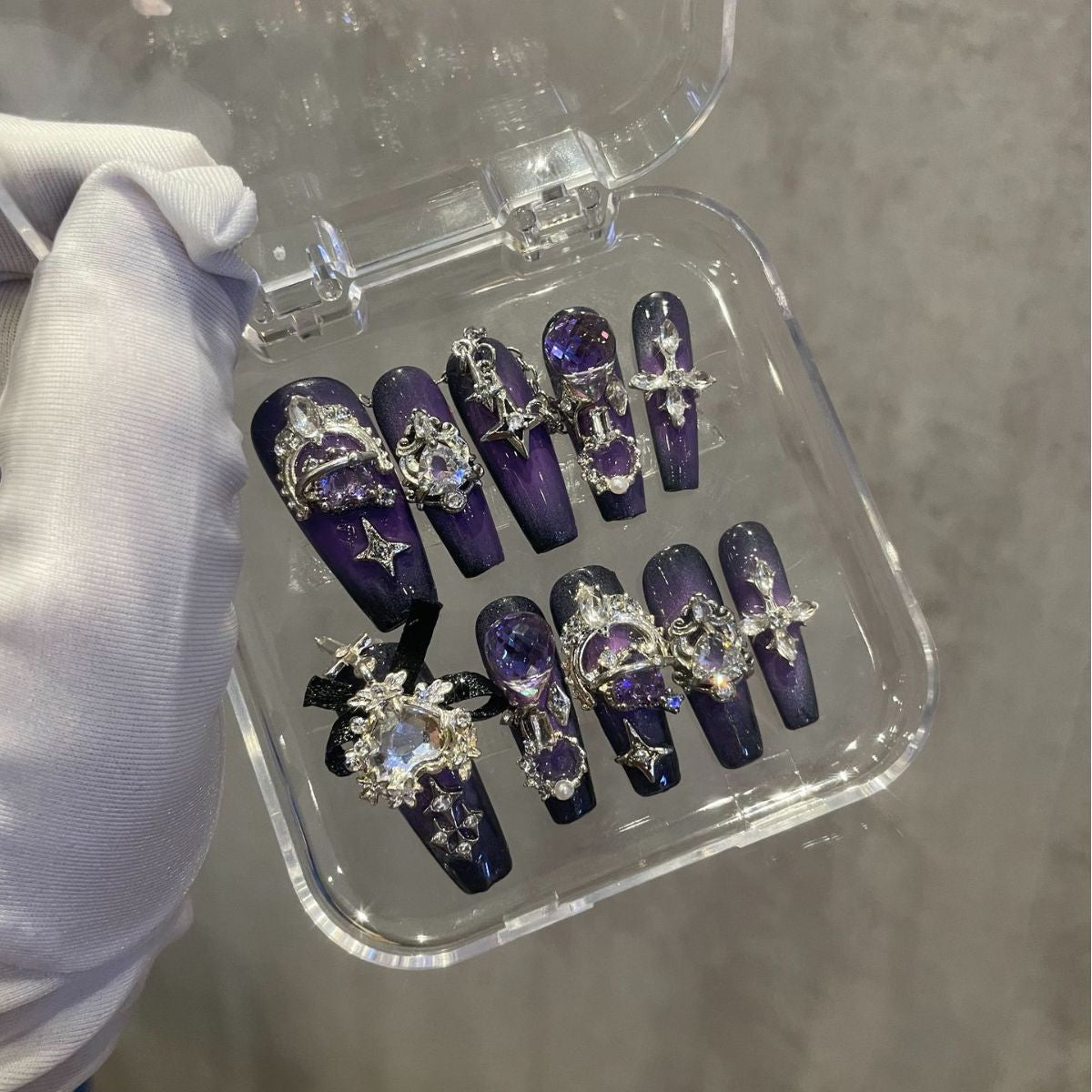 H294 Crown Dark Moon Black Purple Series HANDMADE NAIL