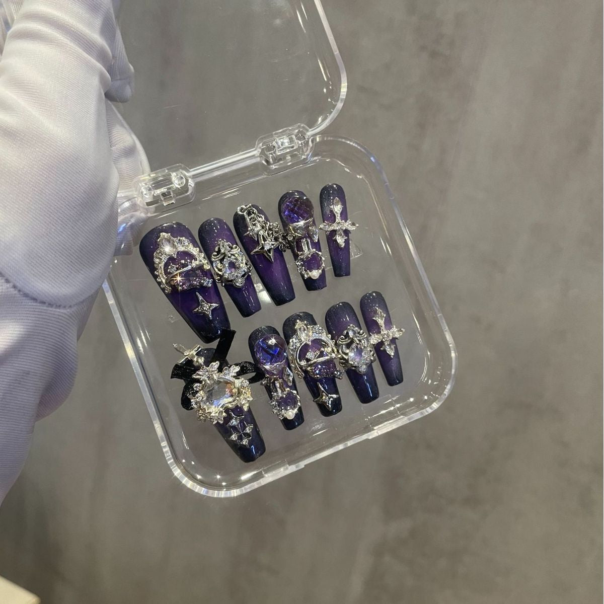 H294 Crown Dark Moon Black Purple Series HANDMADE NAIL