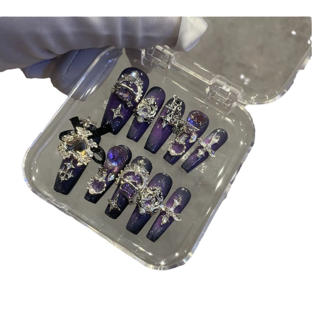 H294 Crown Dark Moon Black Purple Series HANDMADE NAIL