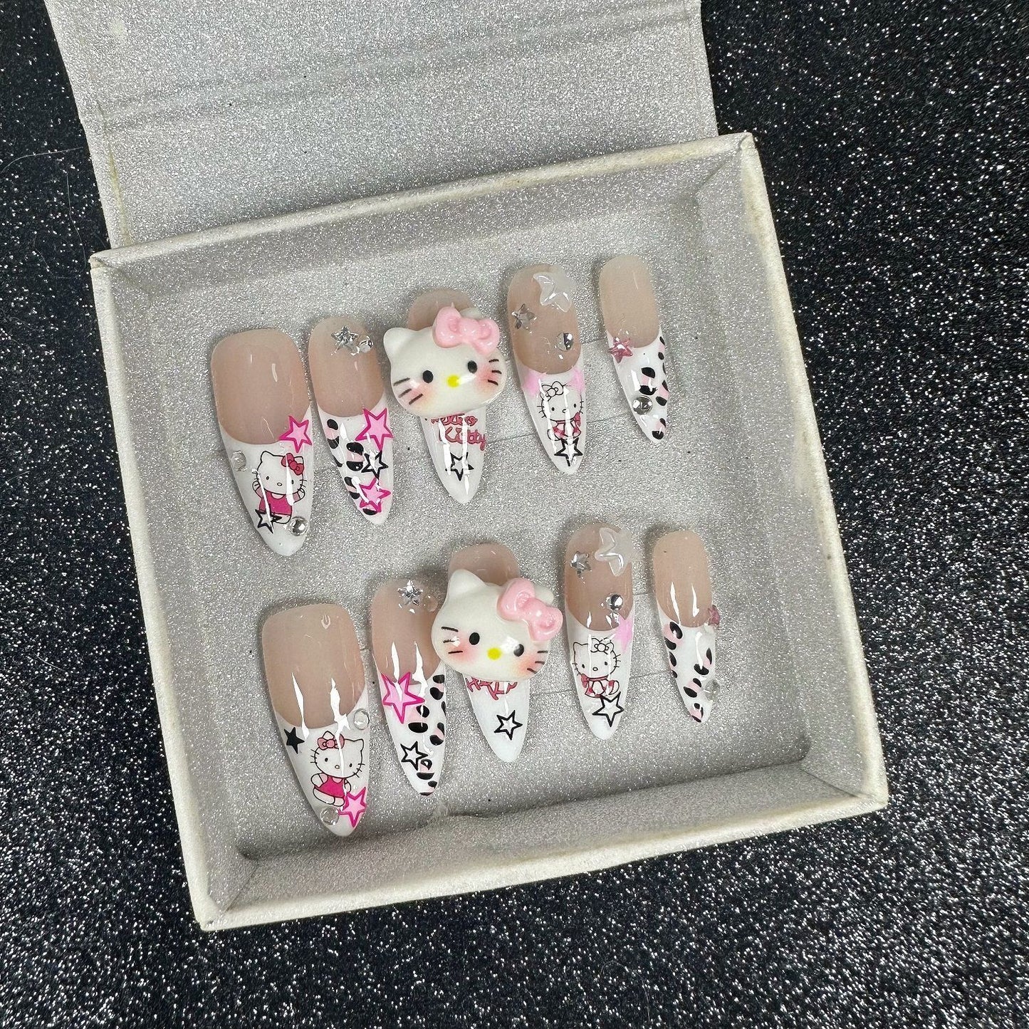 HK38 Pink Leopard Print Pentagram Cat HANDMADE NAIL