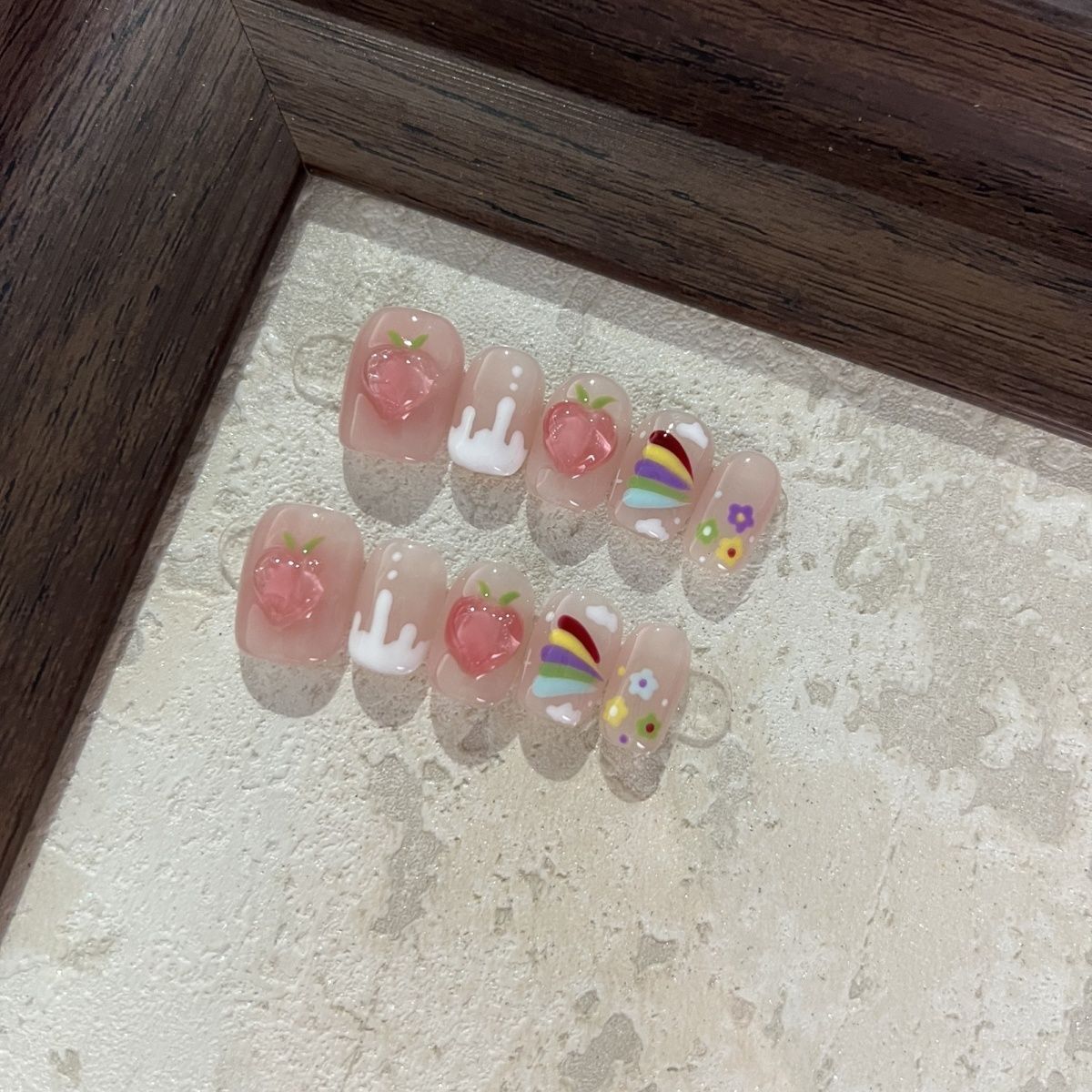 H361 Hand drawn Peach Rainbow HANDMADE NAIL