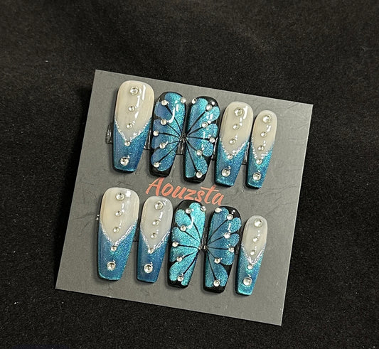 H224 BLACK & WHITE BLUE RIBBON SCIENCE FICTION HANDMADE NAIL