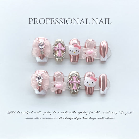 HK12 PINK CUTE & HUG BEAR CROSS Cat HANDMADE NAIL
