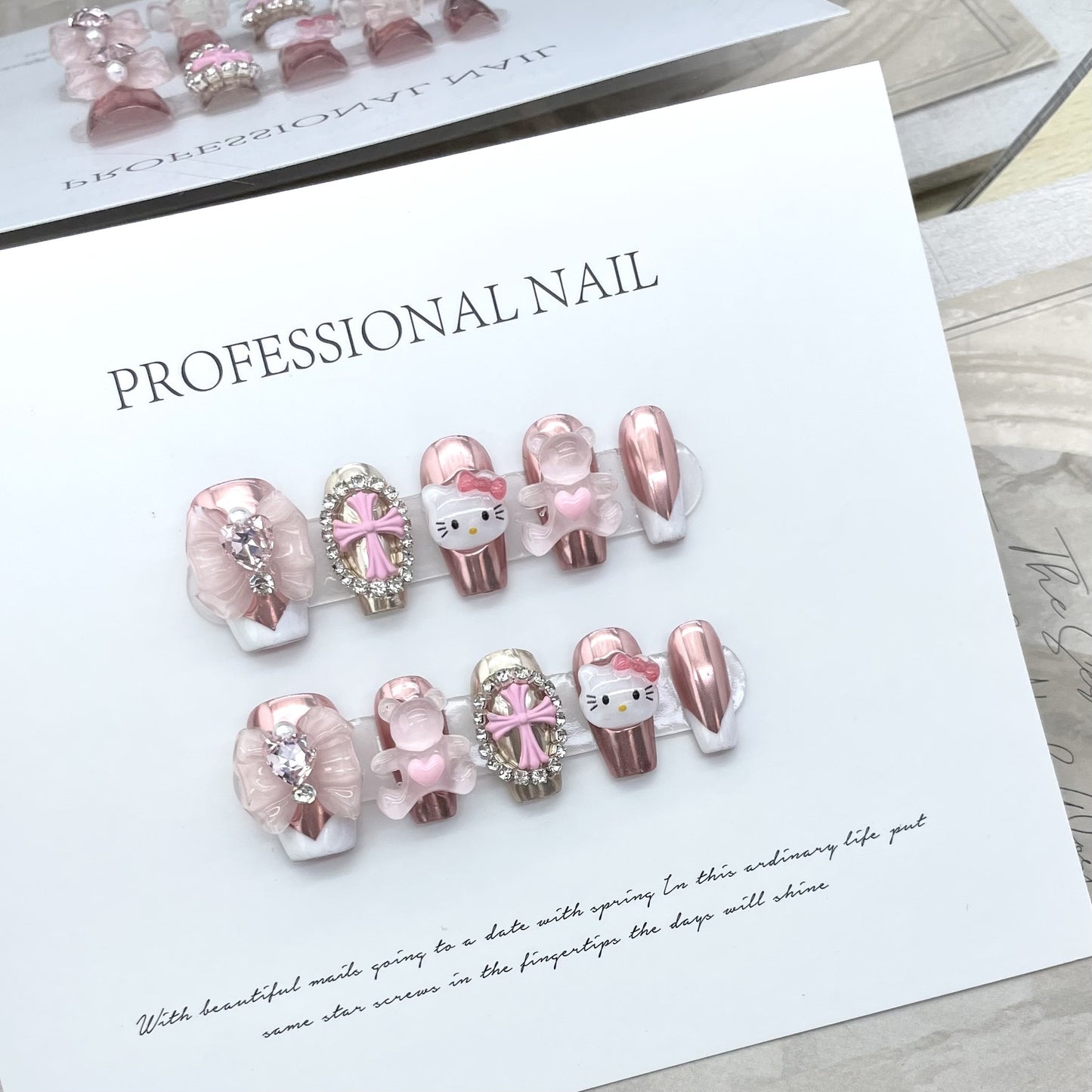 HK12 PINK CUTE & HUG BEAR CROSS Cat HANDMADE NAIL