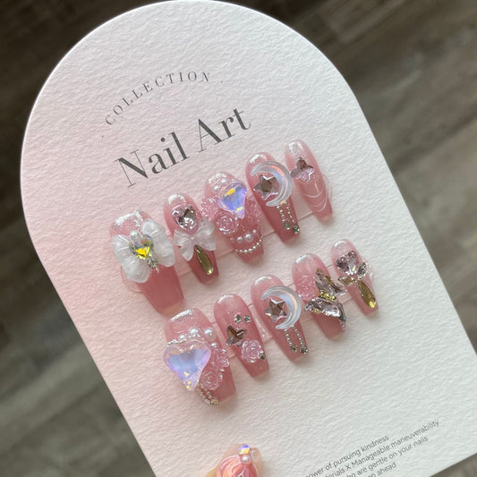H67 NUDE PINK AURORA PIGEON EGG DIAMOND HANDMADE NAIL