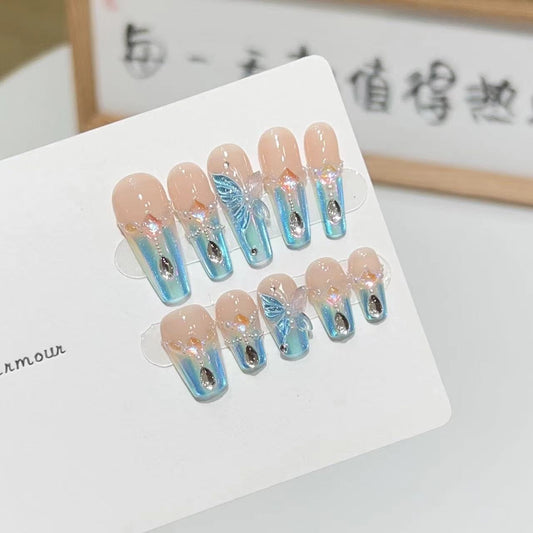 H34 Blue Blossoms Glazed Butterflies HANDMADE NAIL