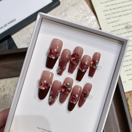 H41 NUDE RUBY CRYSTAL PEARL HANDMADE NAIL