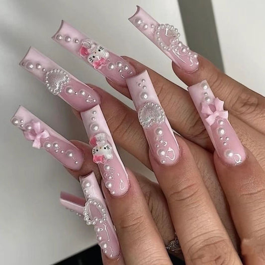 HK8 Flowers Bows Pearls Cute Cat HANDMADE NAIL