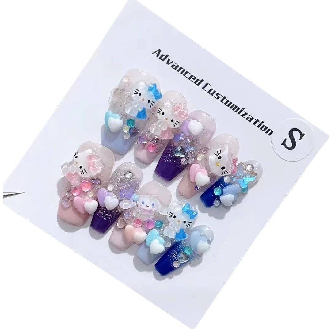 HK35 Blue & Pink Cute Heart Cat HANDMADE NAIL
