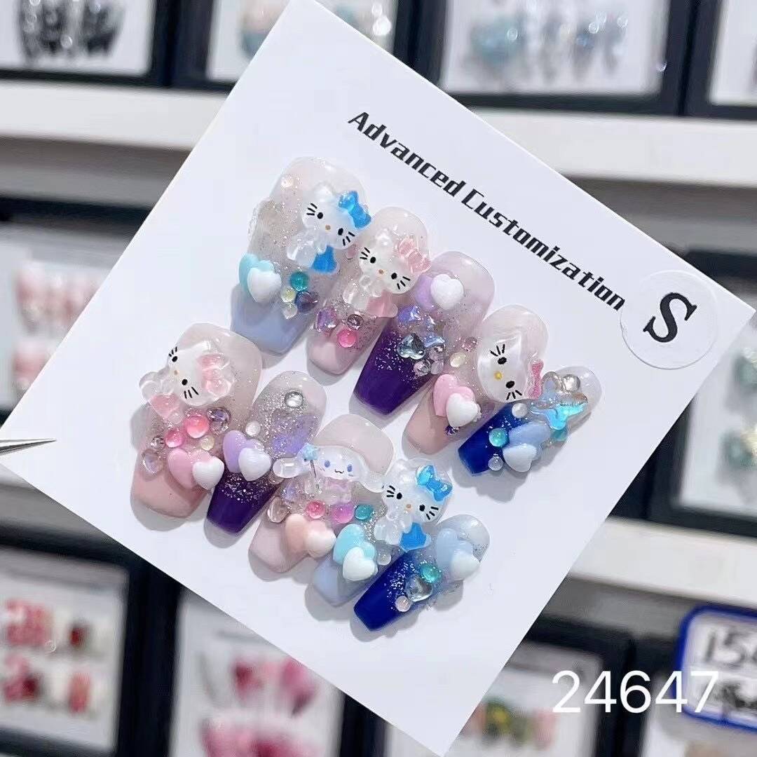 HK35 Blue & Pink Cute Heart Cat HANDMADE NAIL