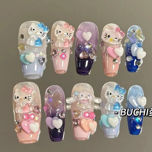 HK35 Blue & Pink Cute Heart Cat HANDMADE NAIL