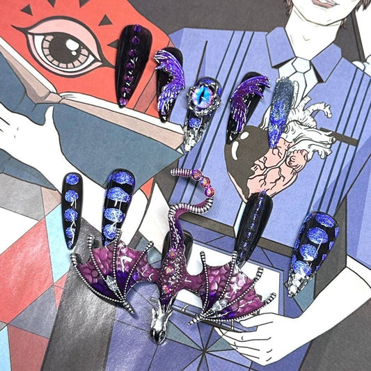 H299 Demon Purple Crystal Winged Dragon HANDMADE NAIL