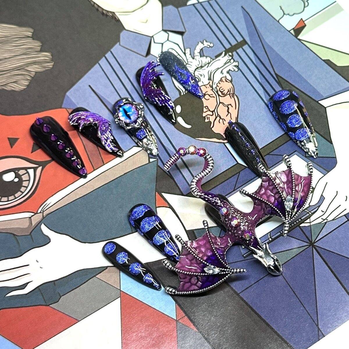 H299 Demon Purple Crystal Winged Dragon HANDMADE NAIL