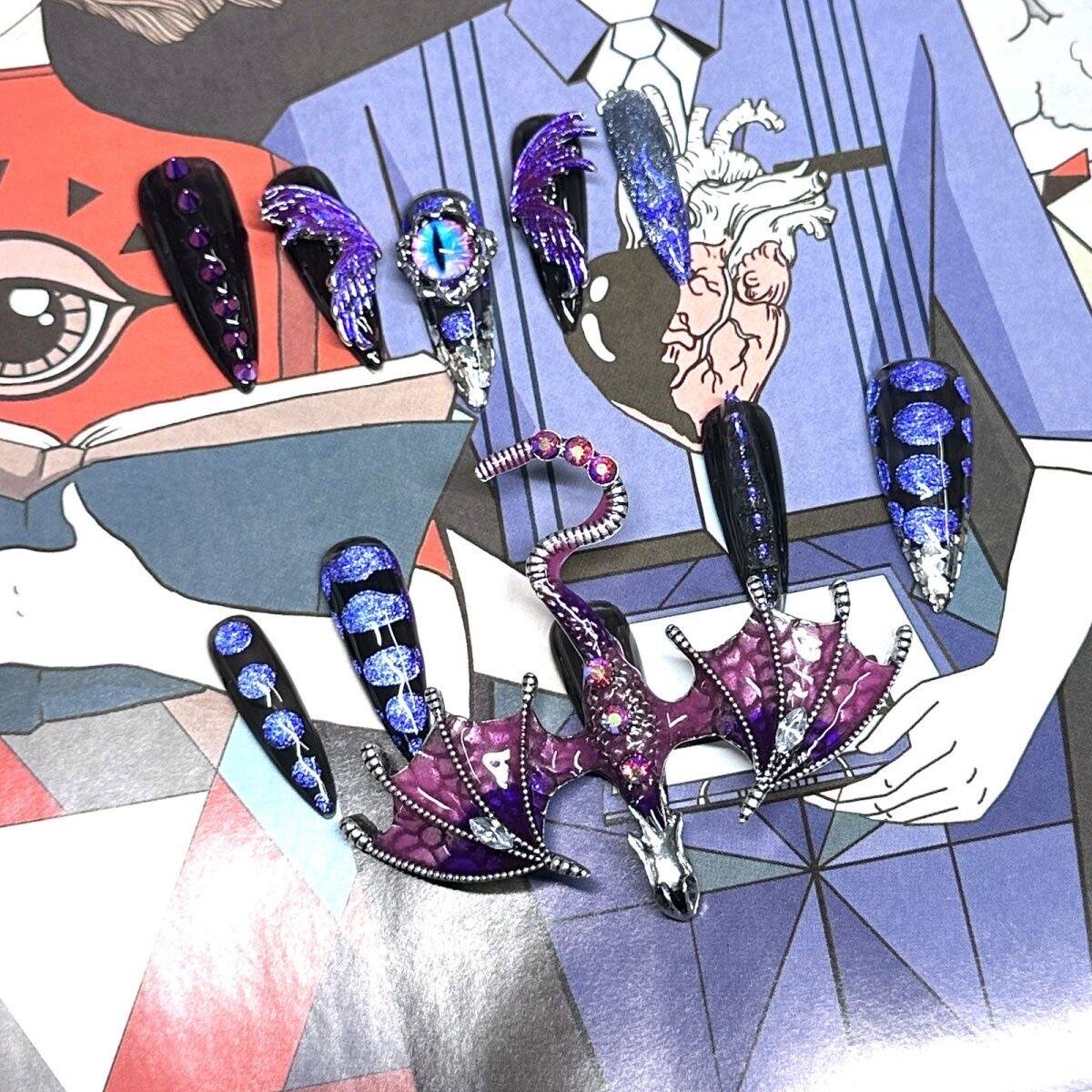 H299 Demon Purple Crystal Winged Dragon HANDMADE NAIL