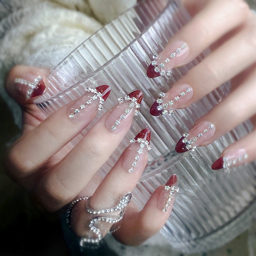 F36 Baby pink Diamond Wine Red Fingertips MEDIUM NAIL