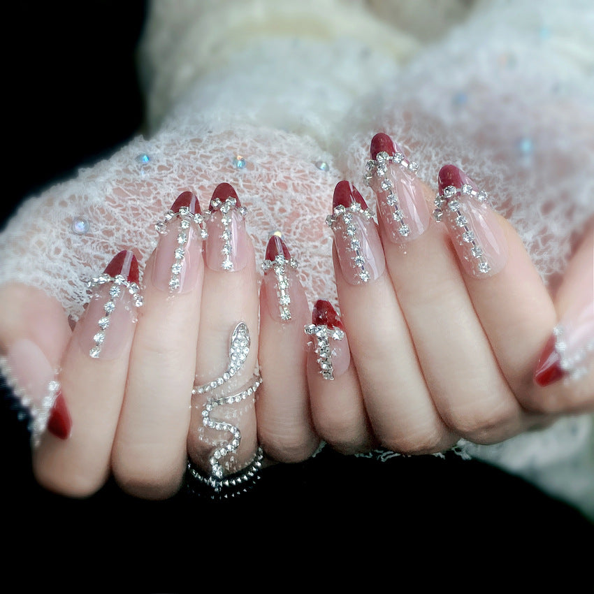 F36 Baby pink Diamond Wine Red Fingertips MEDIUM NAIL