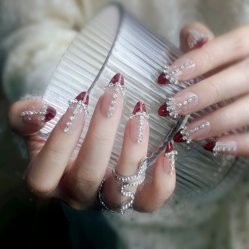 F36 Baby pink Diamond Wine Red Fingertips MEDIUM NAIL