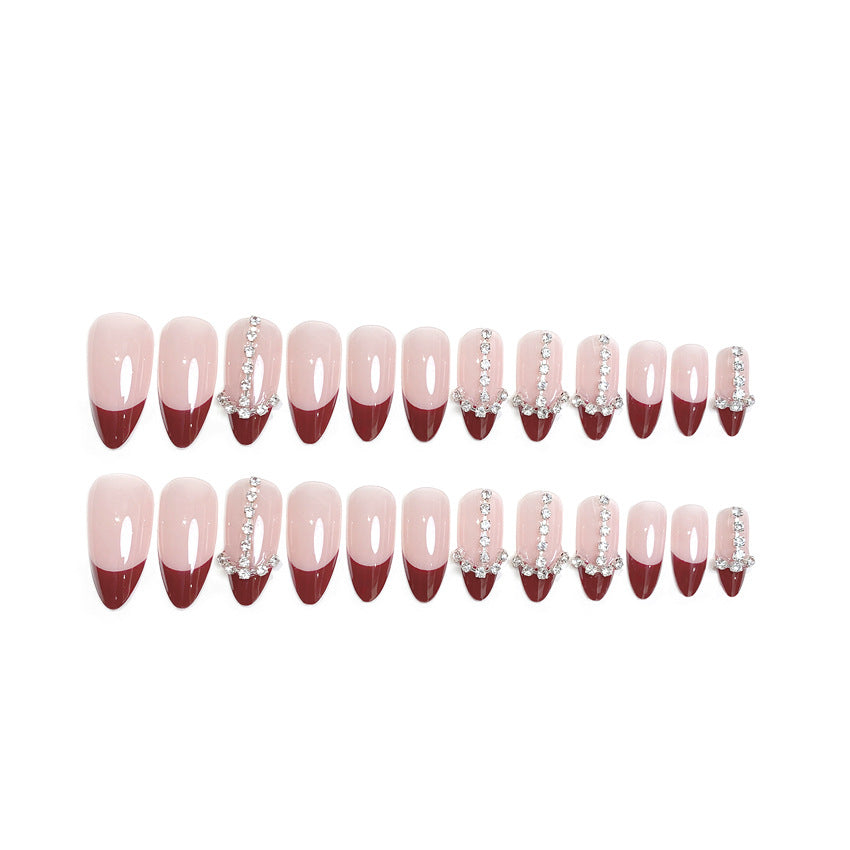 F36 Baby pink Diamond Wine Red Fingertips MEDIUM NAIL