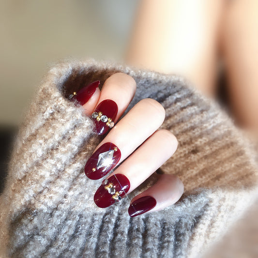 F45 Wine red studded with diamonds MEDIUM NAIL