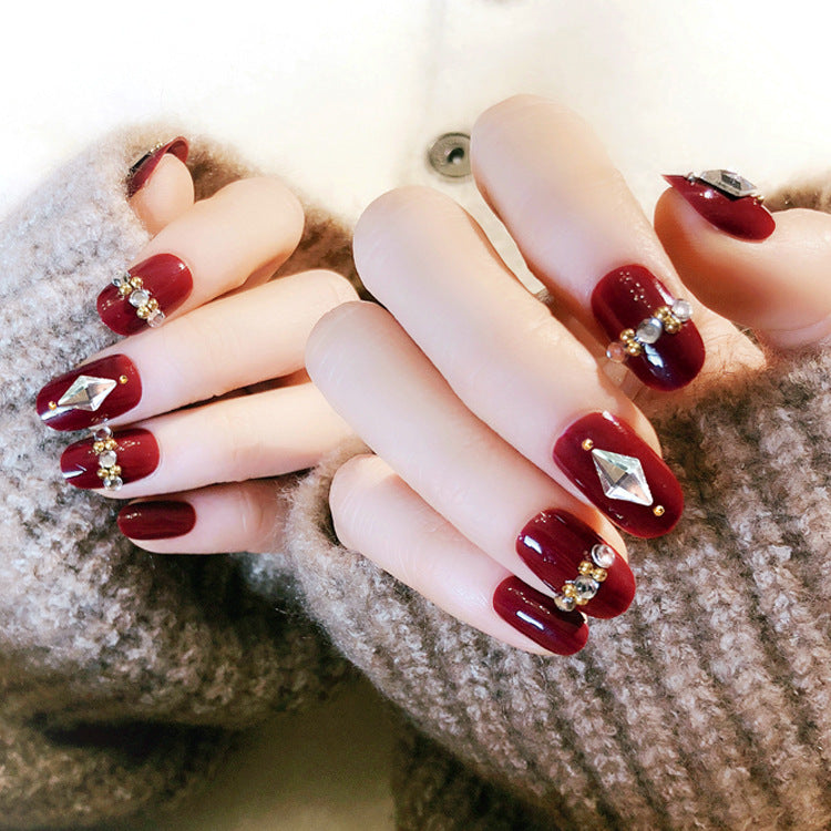 F45 Wine red studded with diamonds MEDIUM NAIL