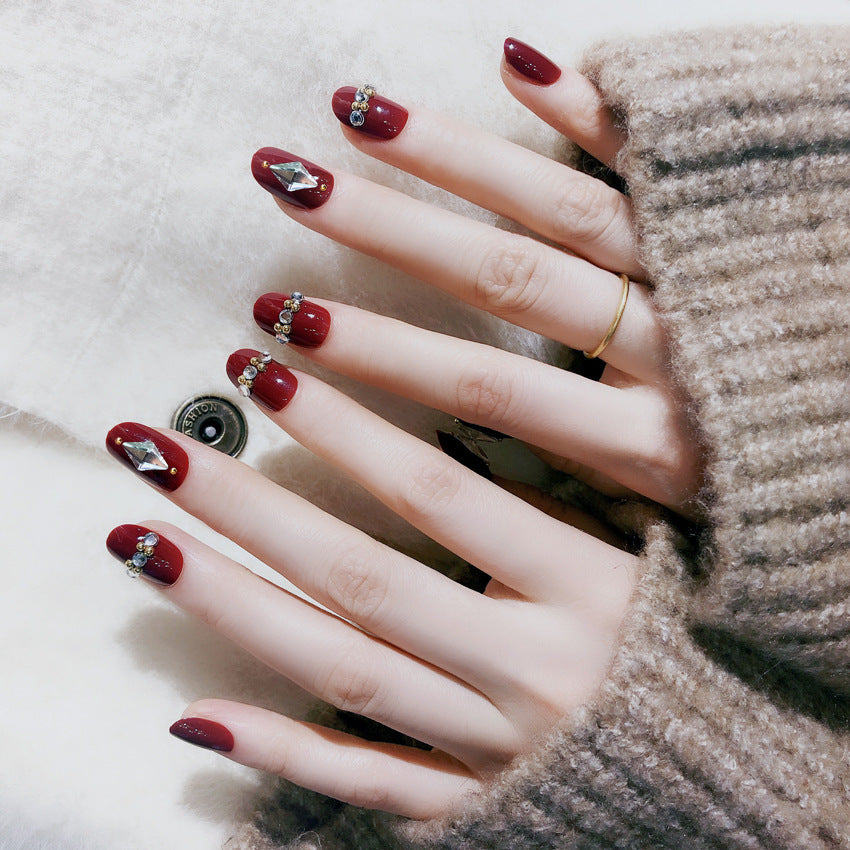 F45 Wine red studded with diamonds MEDIUM NAIL