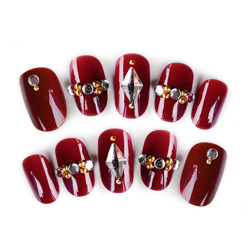 F45 Wine red studded with diamonds MEDIUM NAIL