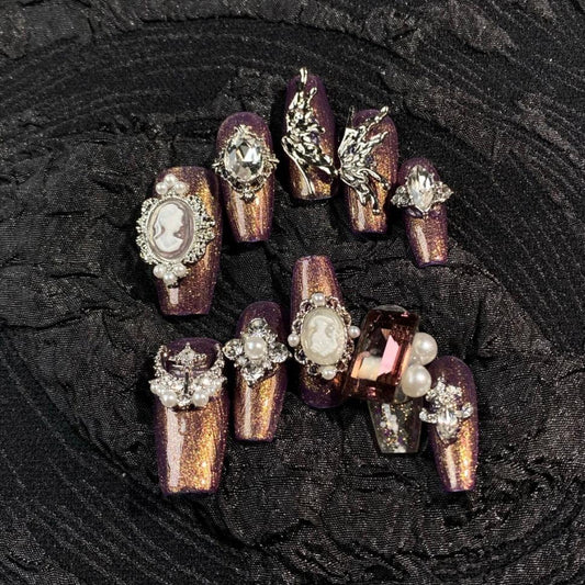 H331 Heavy Industry Luxury Gold Purple Amber HANDMADE NAIL