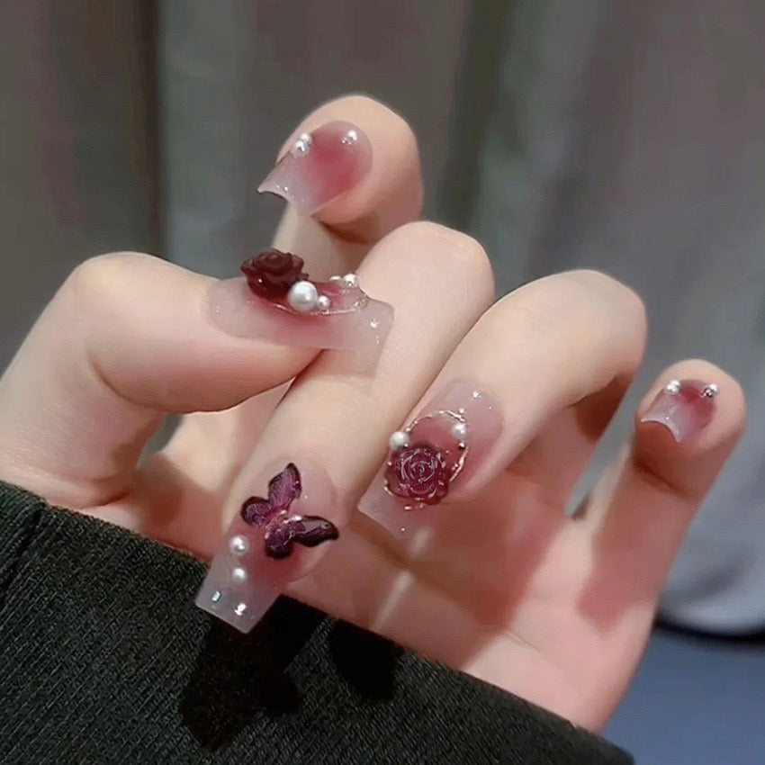 K25 Dark Blood Red Rose Butterfly MEDIUM NAIL
