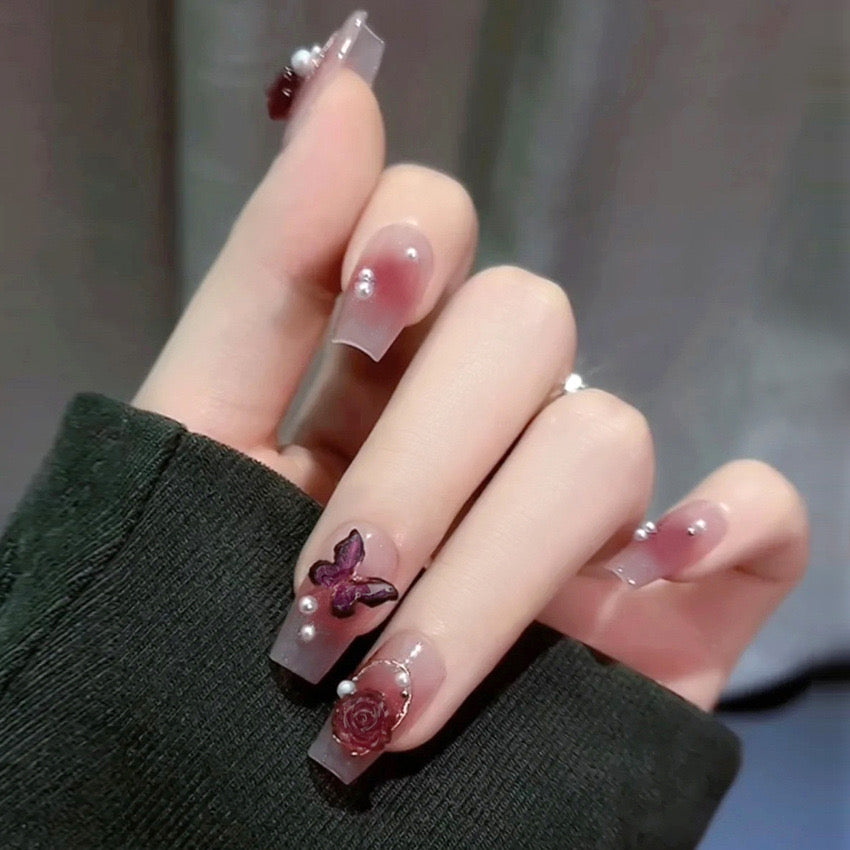 K25 Dark Blood Red Rose Butterfly MEDIUM NAIL