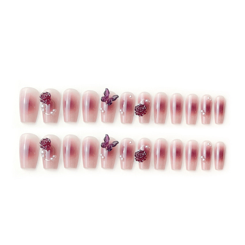 K25 Dark Blood Red Rose Butterfly MEDIUM NAIL