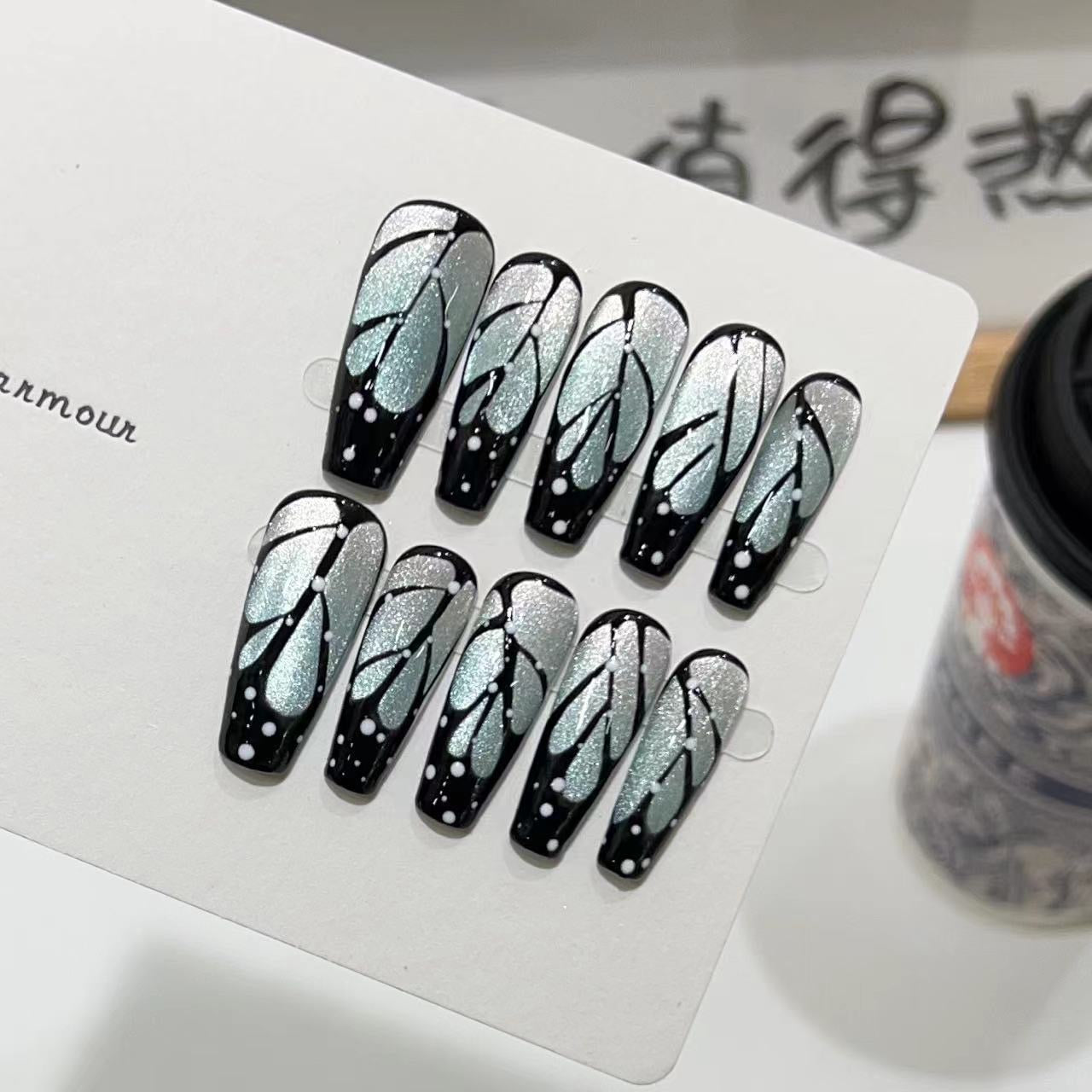 H376 Starry Sky Cicada Wings Change Colors Cat Eyes HANDMADE NAIL